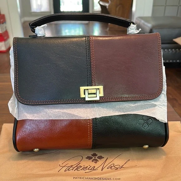 Patricia Nash Black and Brown Leather Satchel with Gold Clasp - Picture 8 of 8